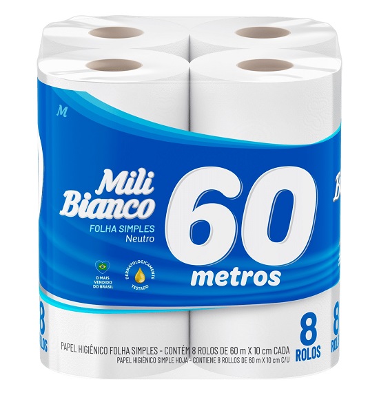 PAPEL HIGIENICO FOLHA SIMPLES 60M MILI C/08UN NEUTRO