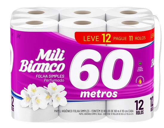 PAPEL HIGIENICO FOLHA SIMPLES 60M MILI L12P11 PERFUMADO