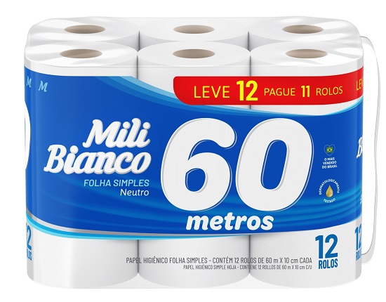 PAPEL HIGIENICO FOLHA SIMPLES 60M MILI L12P11 NEUTRO