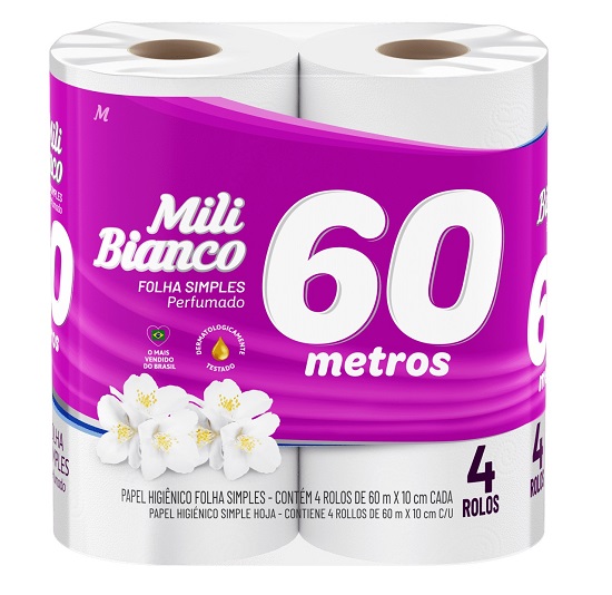 PAPEL HIGIENICO FOLHA SIMPLES 60M MILI C/04UN PERFUMADO