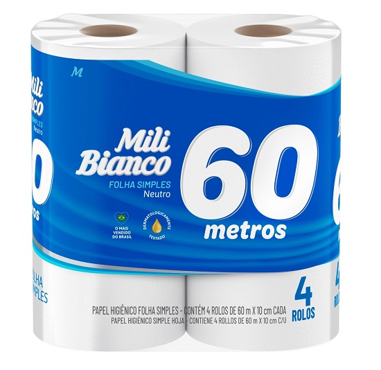 PAPEL HIGIENICO FOLHA SIMPLES 60M MILI C/04UN NEUTRO